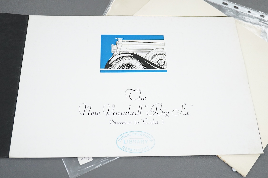 Three 1930s and 1940s motor car manufacturer’s brochures; the Vauxhall Big Six (produced 1934-40), the Wolseley Eight (produced 1946-48), including a separate price list dated June 1946, and the Wolseley Ten (produced 19